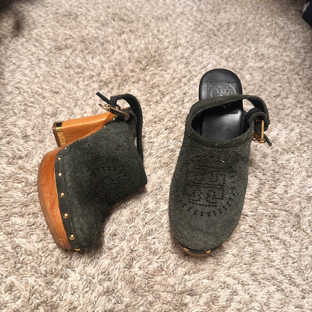Tory Burch Green Suede Mules with Wooden Heel